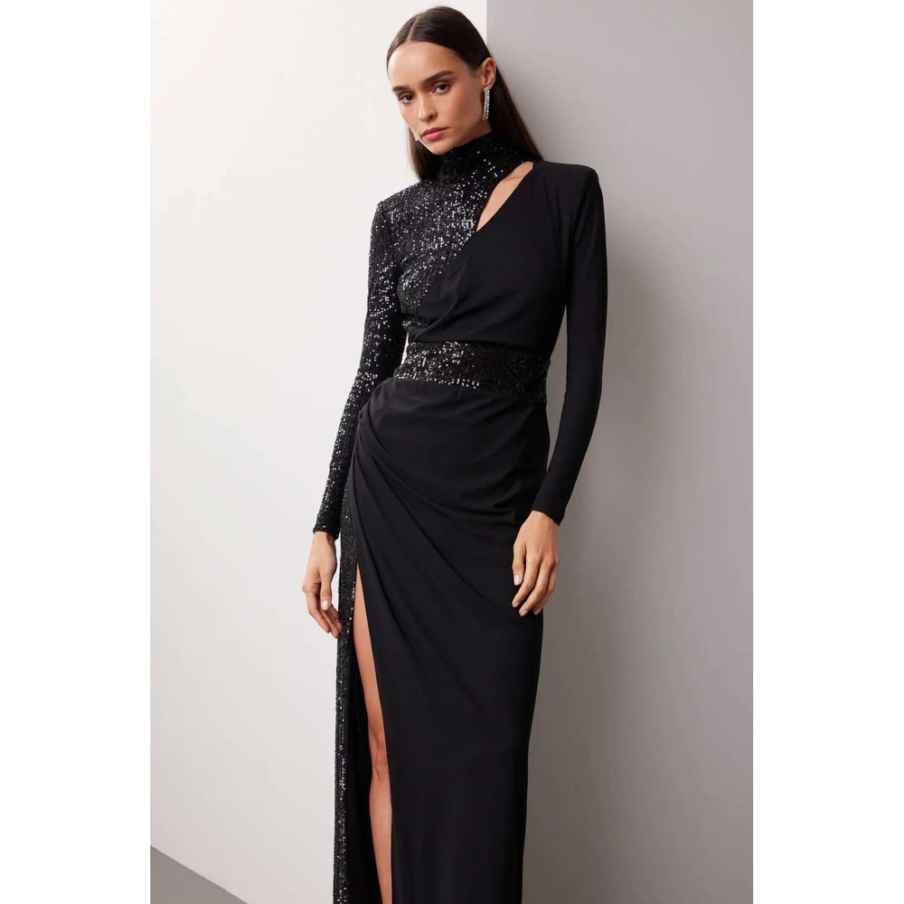 ONE33 SOCIAL Black Sequin Cutout Mock Neck Long Sleeve High Slit Gown Dress 8
